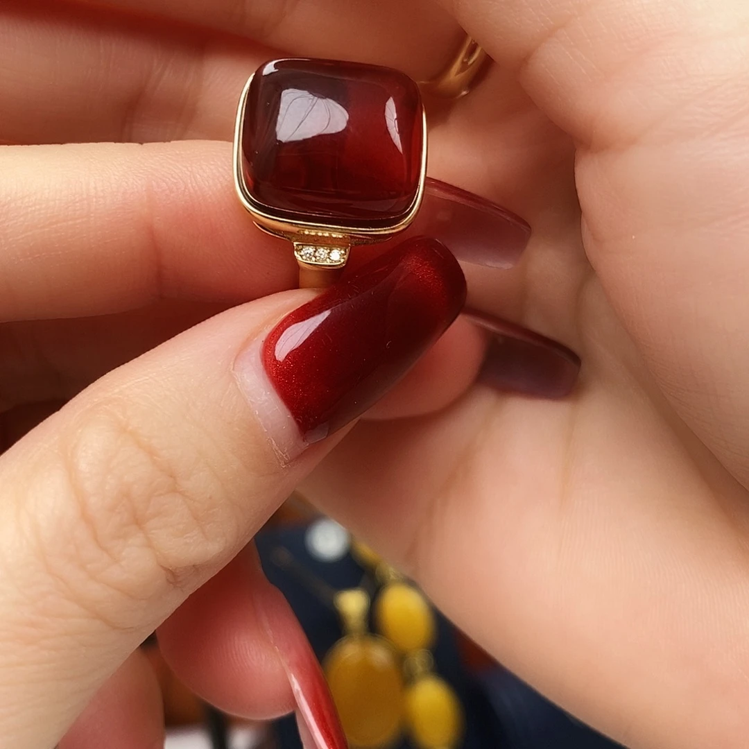 血珀银S925镀金镶嵌戒指