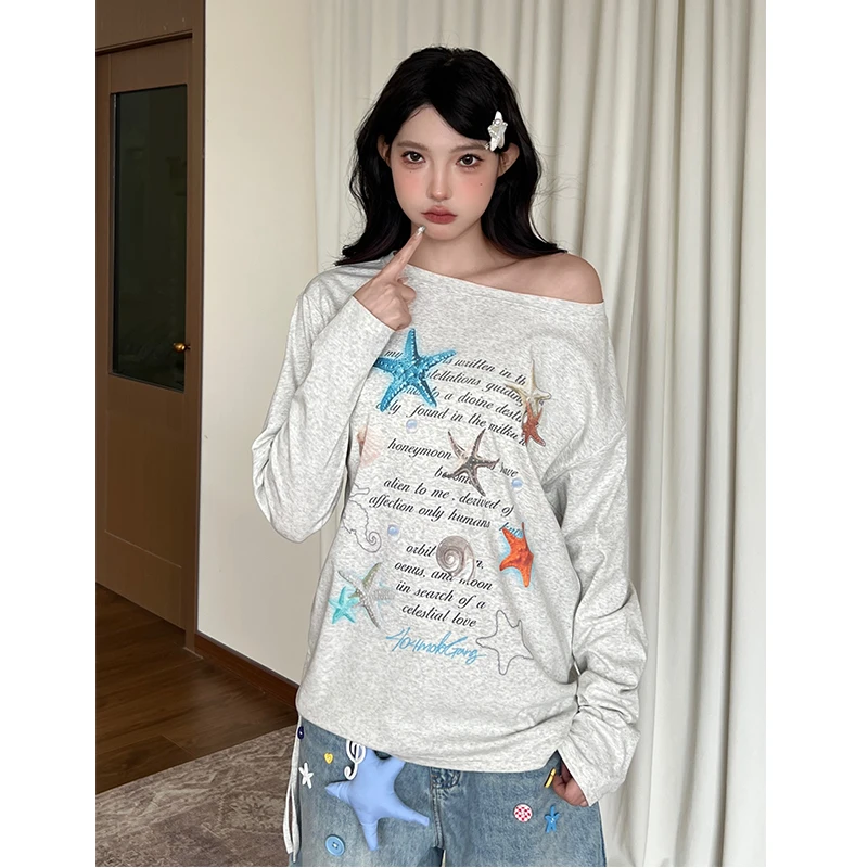 【404MOB】美式辣妹海星印花露肩薄款长袖T恤女甜美修身显瘦上衣
