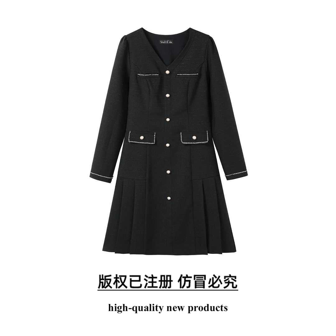 奢姿大码女装2025秋季假口袋设计V领连衣裙胖妹妹小香风时尚裙子