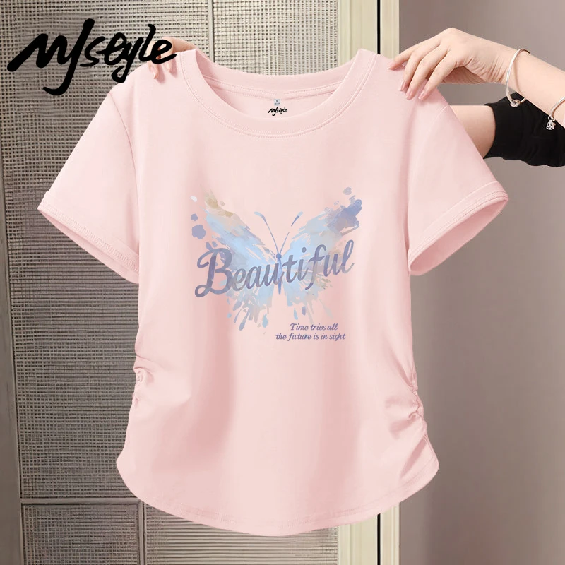 MJSTYLE别致正肩蝴蝶印花短袖t恤女夏季修身收腰抽褶ins短款上衣