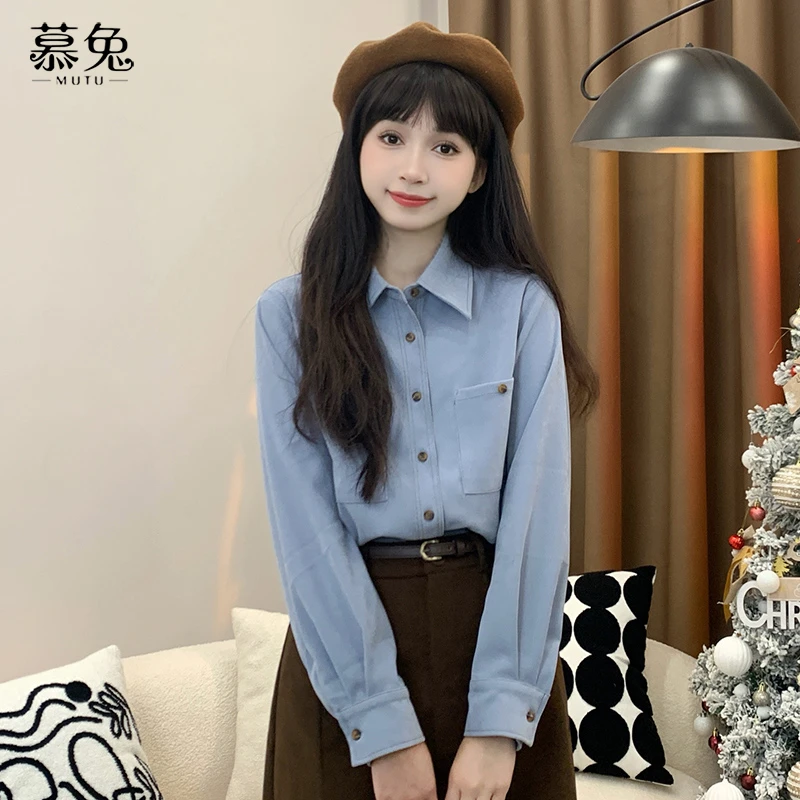 慕兔别致设计感小众蓝色上衣女2025冬季新款法式气质加绒长袖衬衫
