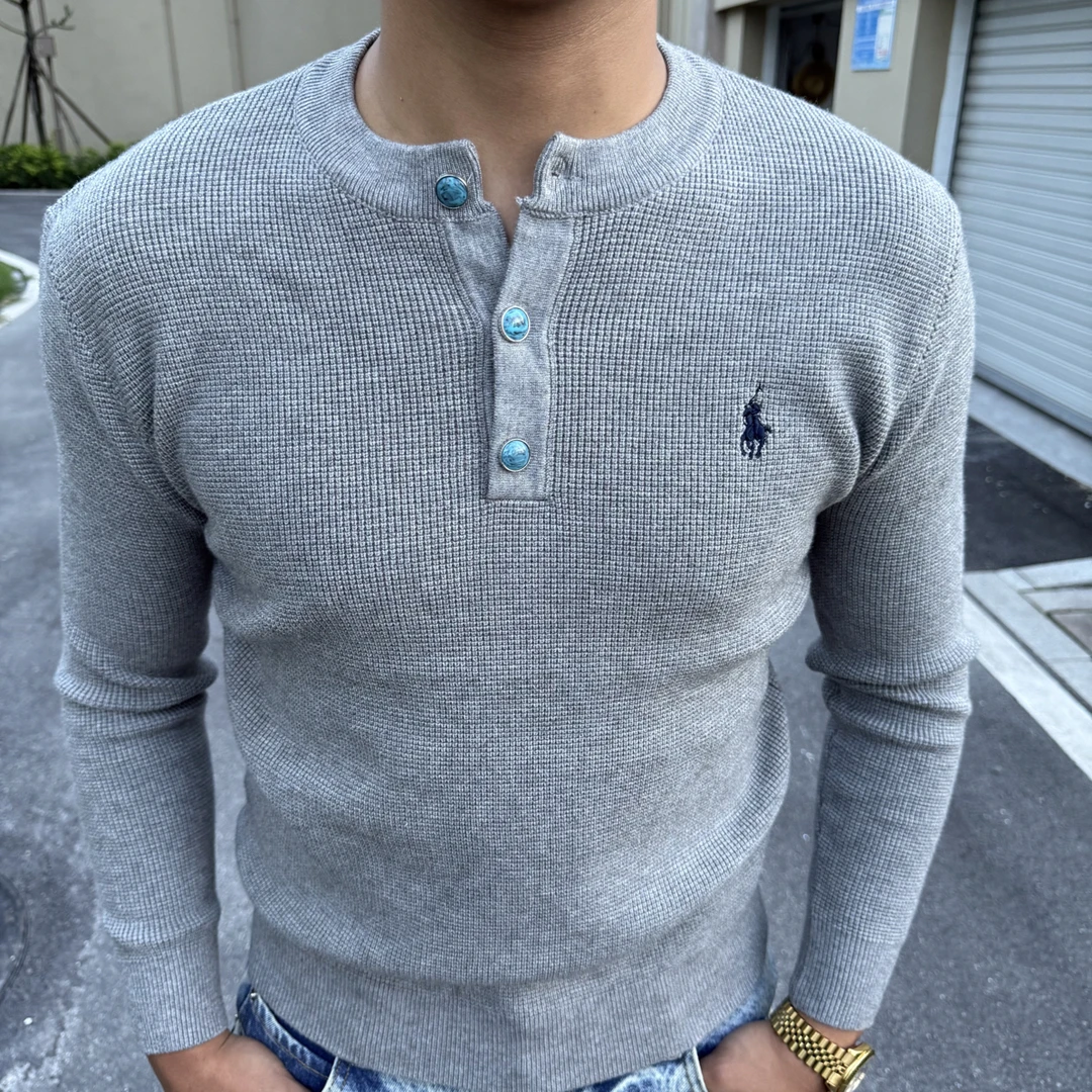 美式休闲针织T恤立领刺绣长袖青少年翻领商务圆领