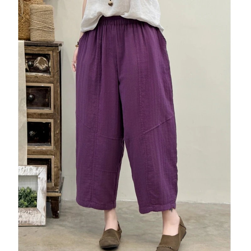 （双层棉纱萝卜裤）9291夏季复古文艺显瘦松紧腰柔软亲肤哈伦裤G