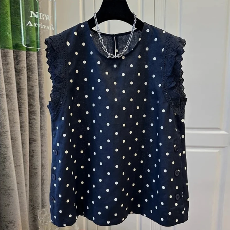 时髦花边袖纯色波点无袖衬衫女夏季2025新款韩版洋气背心上衣小衫