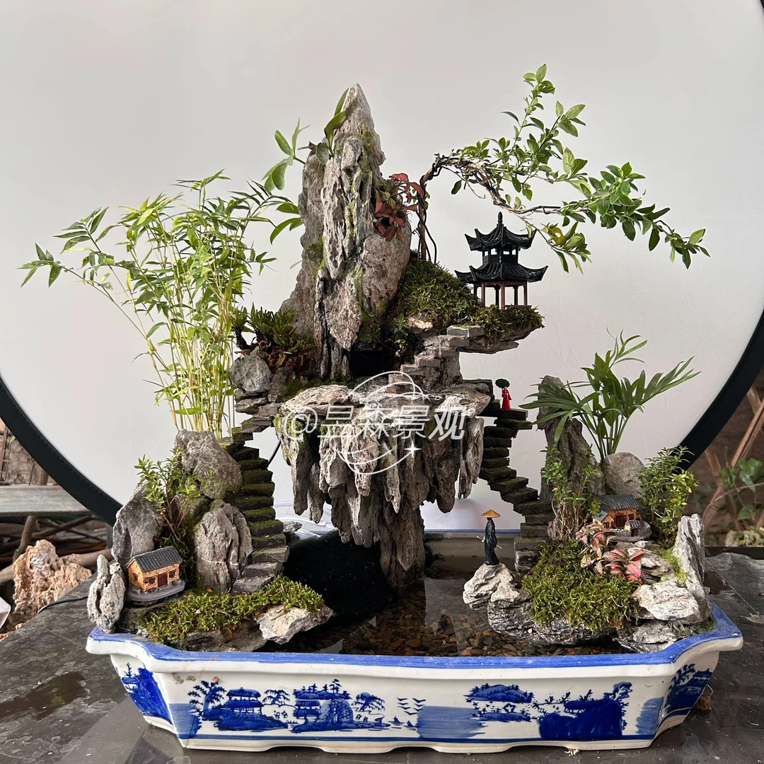 室内青龙石假山盆景茶桌假山盆景景观设计原创石头上水石