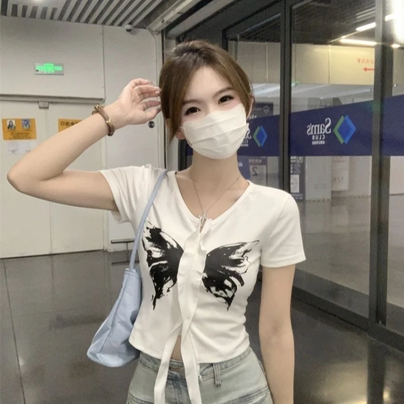 美式印花小众纯欲百搭短袖恤女夏季甜辣妹修身小衫短款上衣