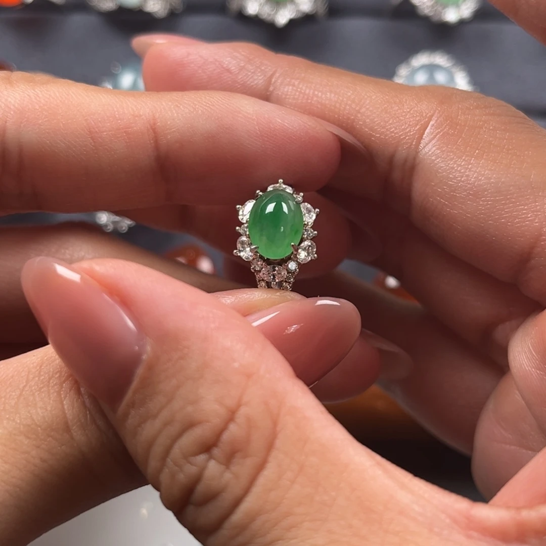 微***！翡翠银S925镶嵌戒指缅甸天然翡翠Ａ货