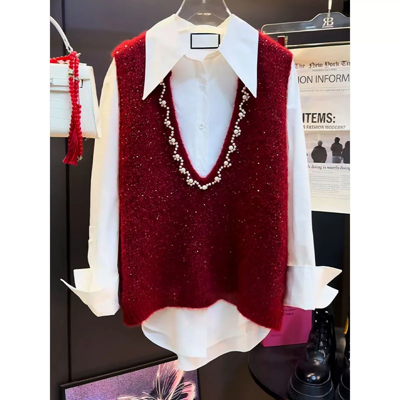 韩版设计感红色针织马甲+白色polo领衬衫叠穿2025秋冬新款百搭女