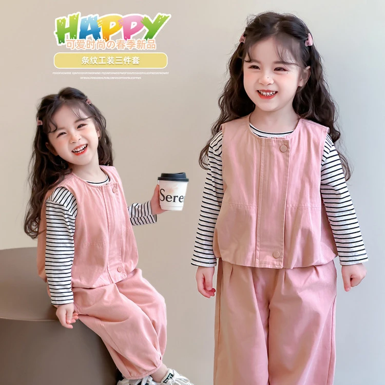 女童套装2025春秋季洋气时尚舒适儿童韩版工装女宝宝休闲三件套潮