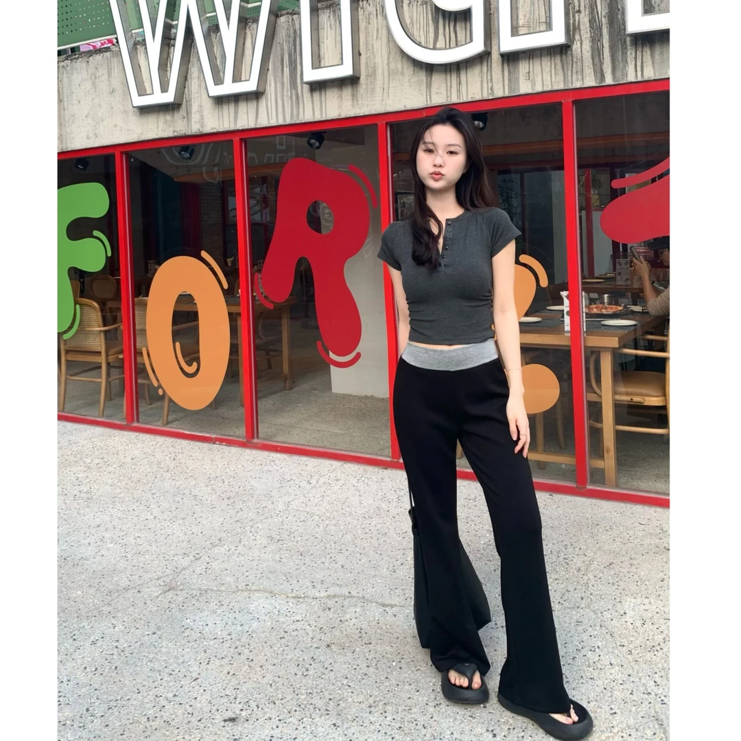 春夏撞色直筒微喇裤高弹力中腰修身显瘦型百搭休闲裤