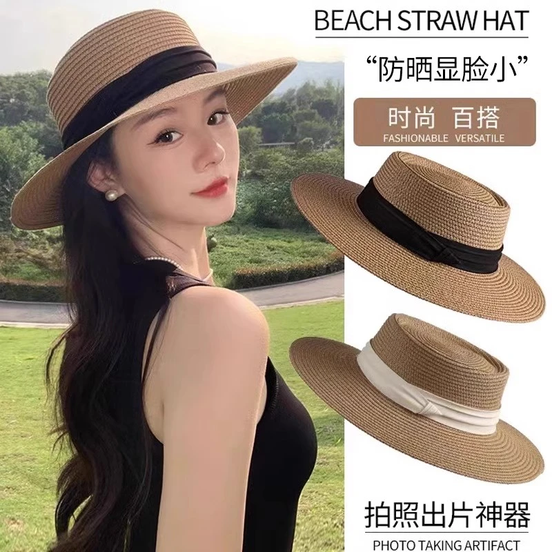 2025新款夏季遮阳大头围法式平顶草帽女显脸小海边沙滩礼帽防晒帽