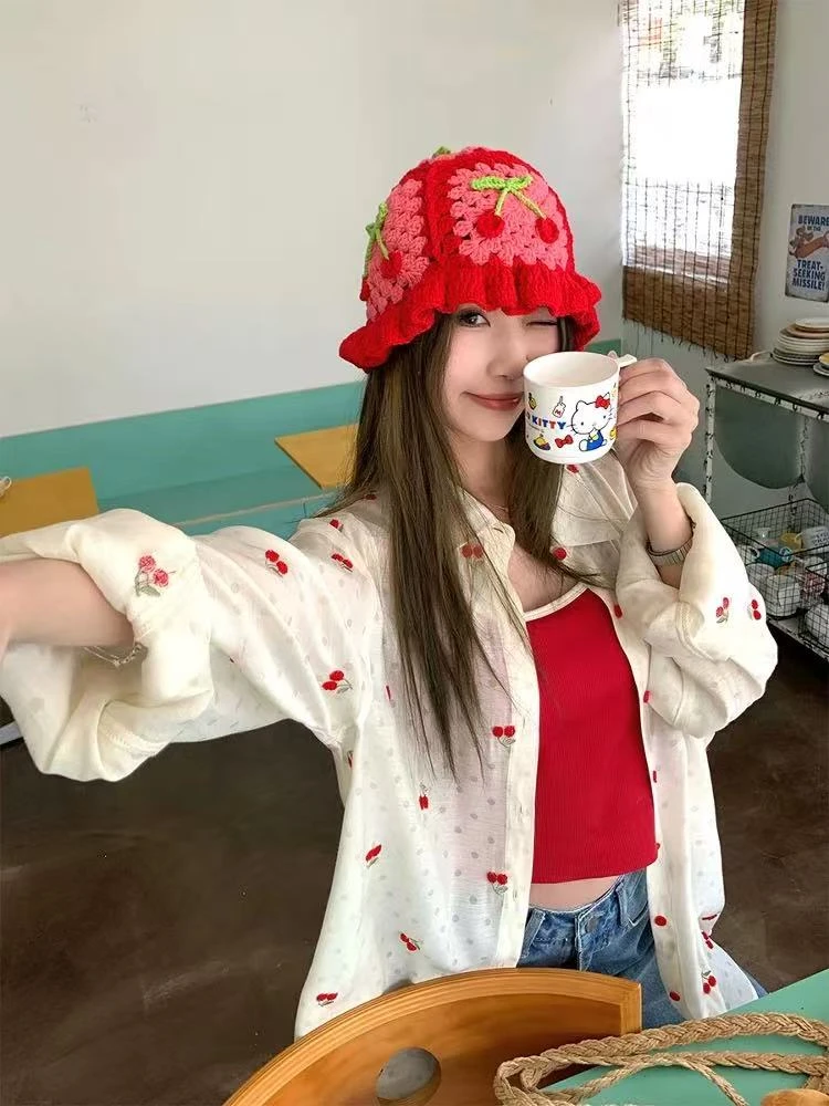 小雅姐姐  韩系立体刺绣樱桃薄款长袖防晒衬衫IU07