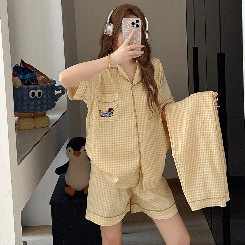 日系三件套睡衣女夏季可爱卡通短袖套装2025新款大码可外穿家居服