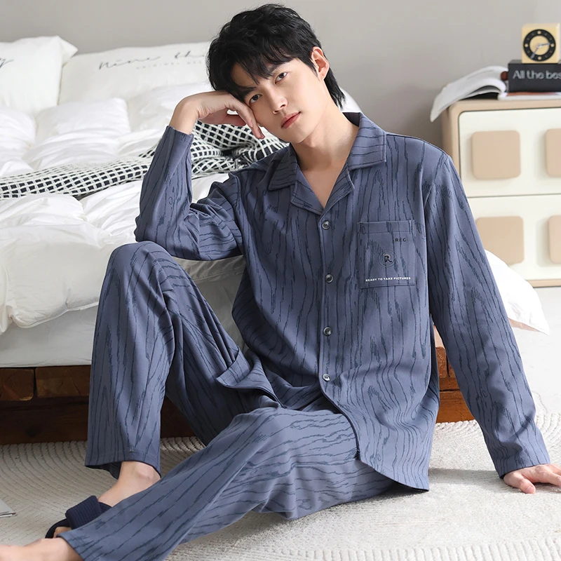 YIHAN-秋冬新款纯棉睡衣男全棉翻领柔软简约长袖长裤家居服两件套