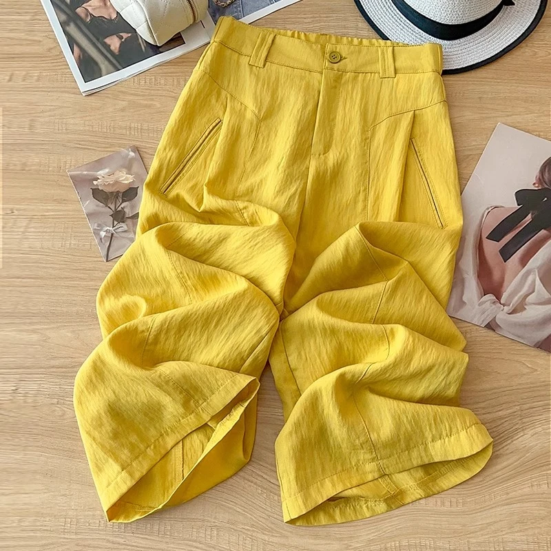 黄色天丝亚麻阔腿风琴裤女夏薄款2025新款宽松防晒裤棉麻直筒裤子
