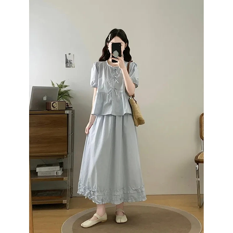 大码胖mm韩系甜美蝴蝶结短袖宽松衬衫女夏季半身裙子时尚两件套装