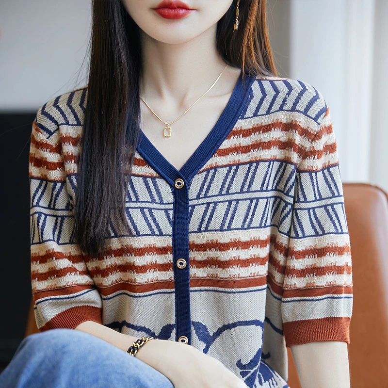 夏季爆款新款复古风撞色条纹花型针织衫短袖显瘦女装T恤