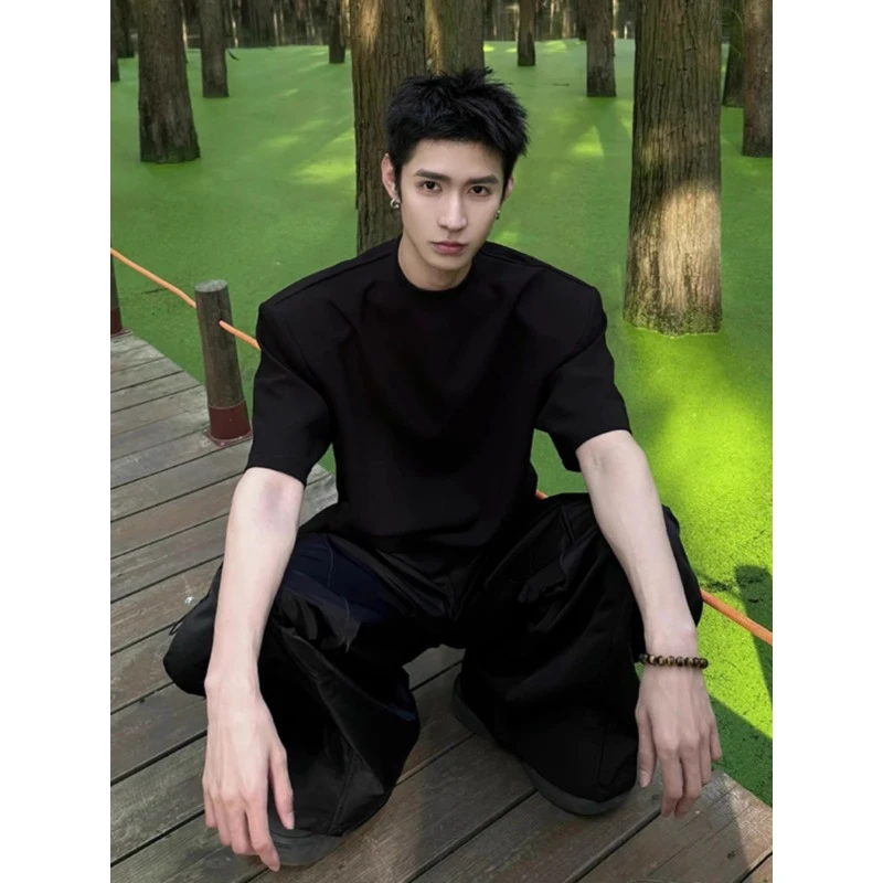 重磅纯棉小领口短袖t恤男款夏季cleanfit黑色痞帅高级感半袖上衣