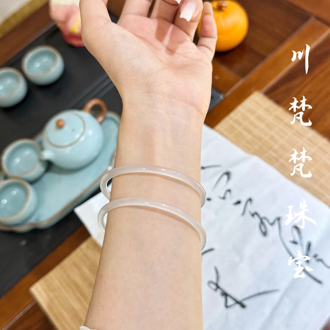 天然叮当镯玛瑙粉色细条油青女款高冰透玉髓冰种白冰美人条一对