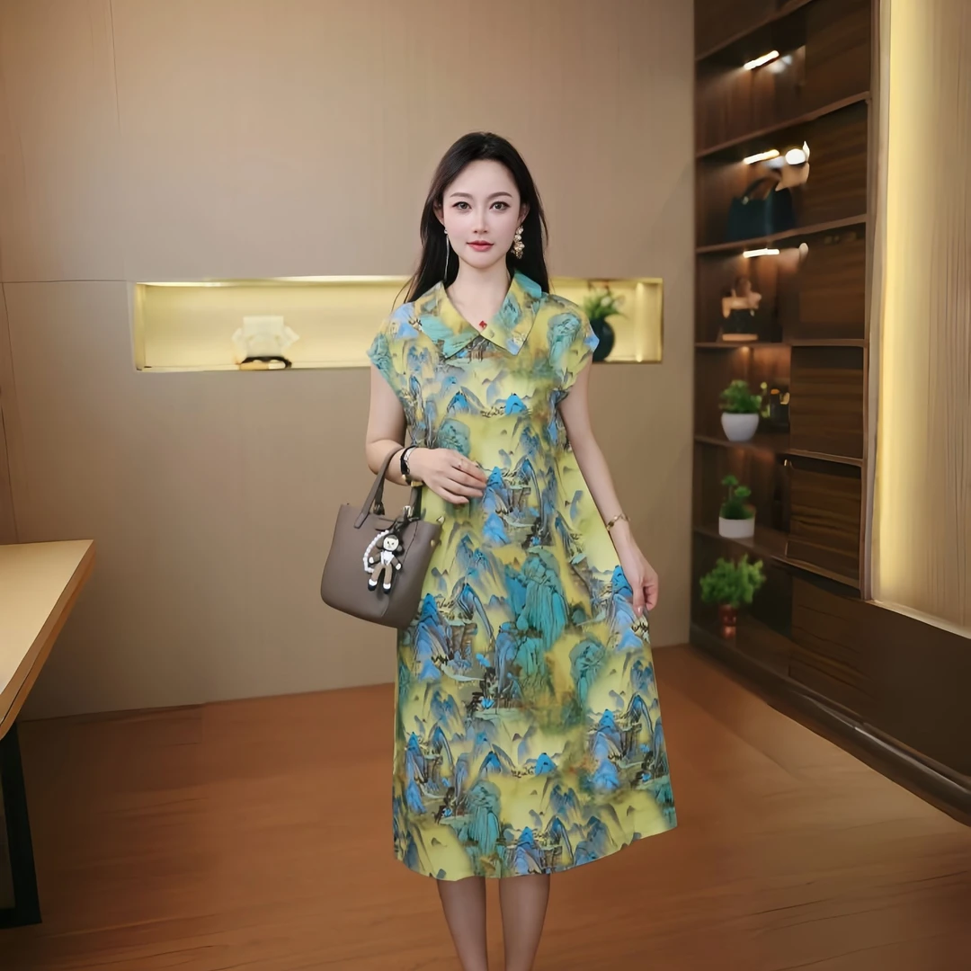 10192-夏季中式印花双穿连衣裙长袖旗袍气质重磅国风【张桥厂家】