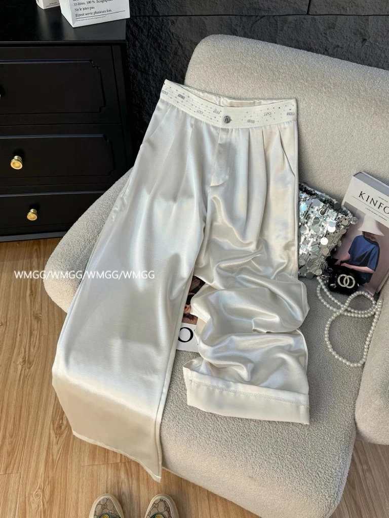 早秋新款醋酸缎面高腰阔腿休闲裤显瘦垂感宽松拖地长裤(9527)