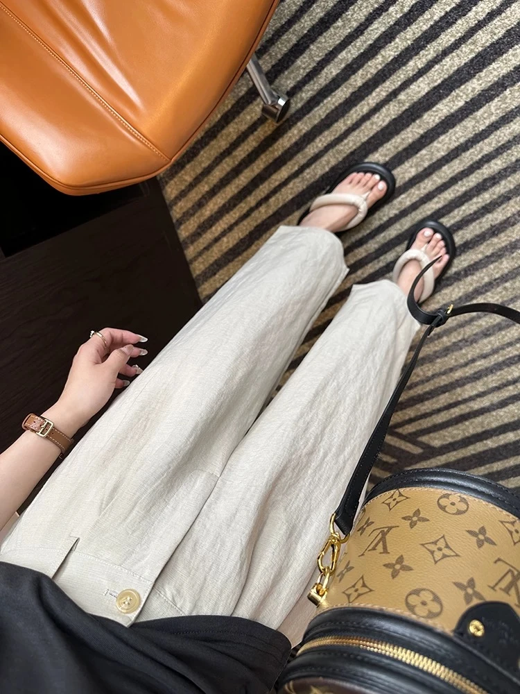 夏季薄款亚麻天丝九分休闲裤女大码胖mm高腰显瘦宽松直筒阔腿裤