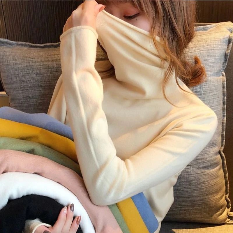 2025秋冬新款高领打底衫T恤女修身显瘦堆堆领针织衫内搭长袖上衣