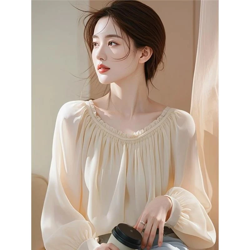 法式气质独特漂亮白色雪纺小上衣长袖衬衫女