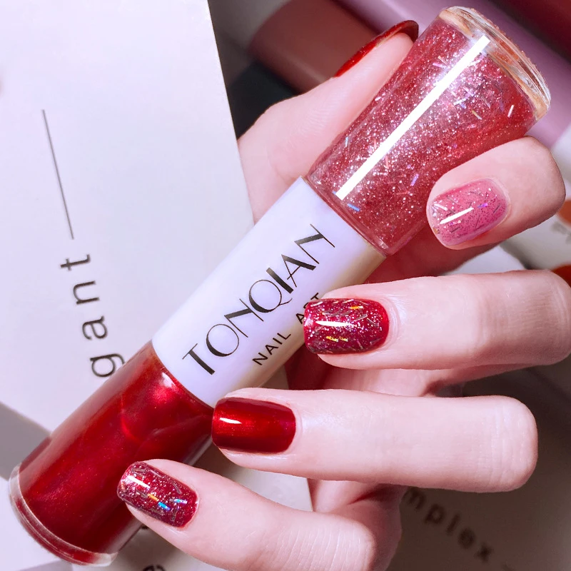 双头双色指甲油不可撕拉免烤快干亮片细闪美甲油涂手涂脚新疆包邮