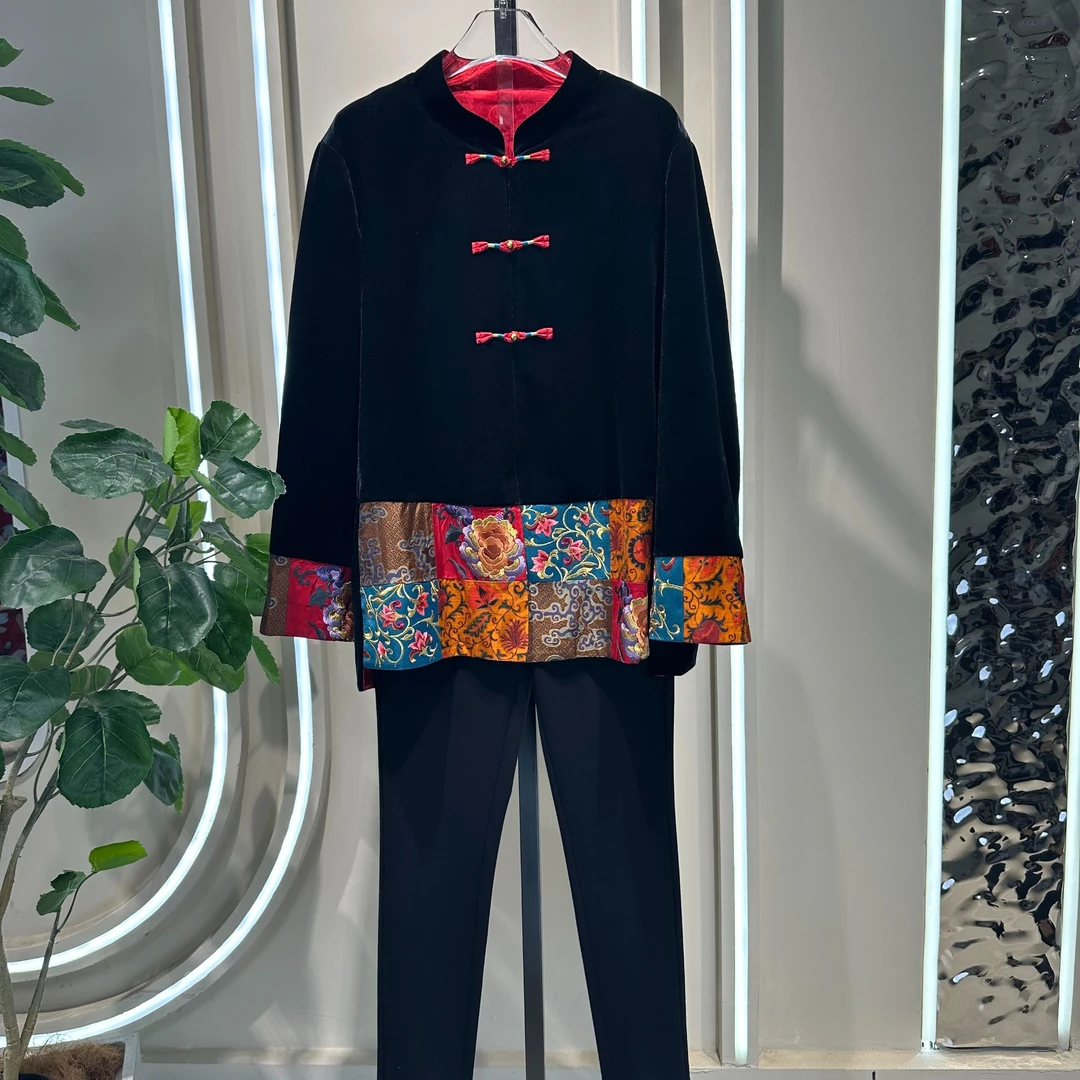 JIANKUAN 国风款黑色丝绒外套中老年女装 JKN52386 衣长68