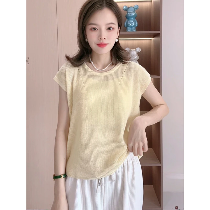 韩版圆领百搭短袖针织衫女夏季2025新款后背镂空设计感飞飞袖上衣