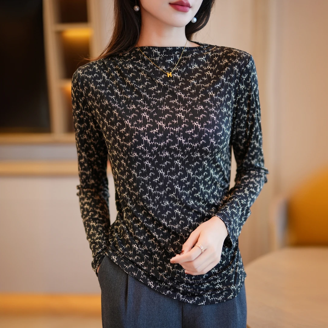 秋季新品薄款细腻42针自由领褶皱针织真丝长袖T恤印花桑蚕丝上衣