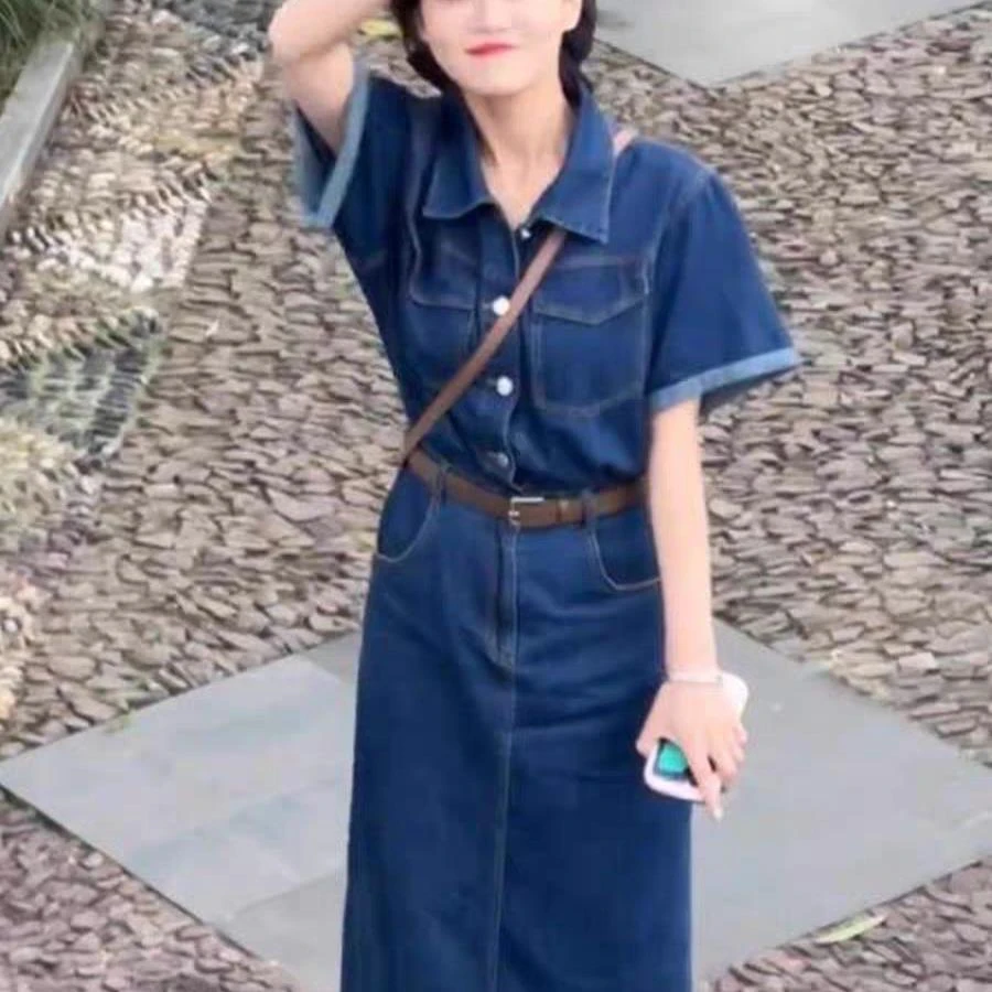 02皮带短袖长款牛仔连衣裙