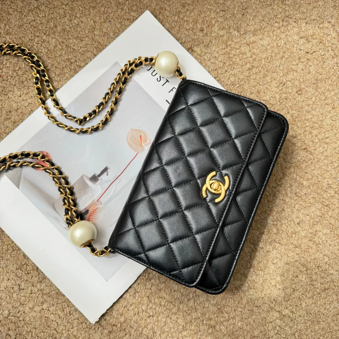 95新 Chanel/香奈儿 黑金 羊皮 汤圆珍珠woc链条包/687312897