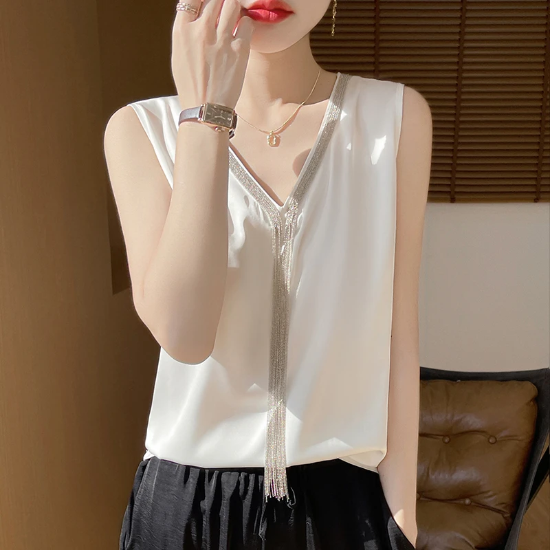 【现货宠粉】新款女V领无袖背心流苏缎面显瘦套头夏季纯色轻奢上衣