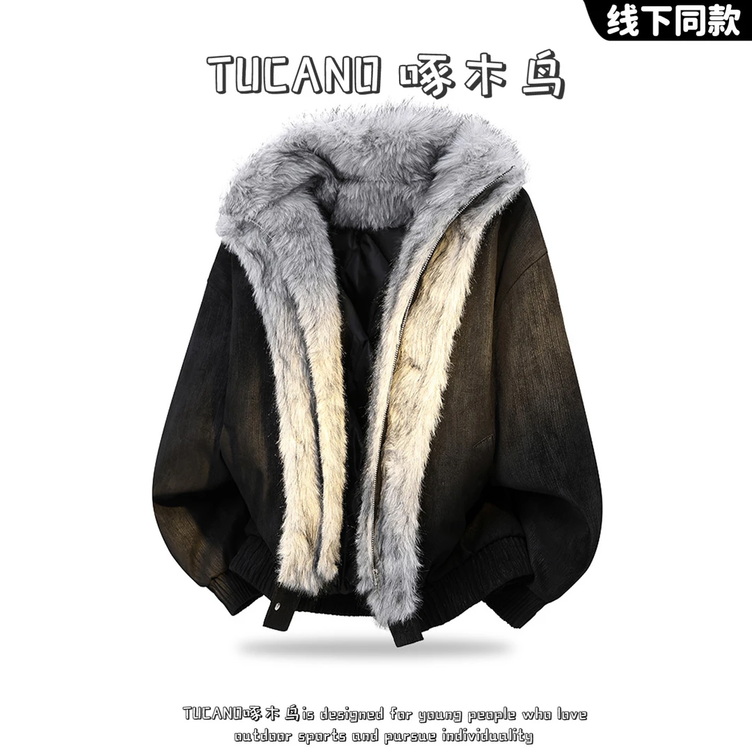 啄木鸟假两件毛领保暖棉服男女款冬季新款百搭座山雕加厚棉衣外套