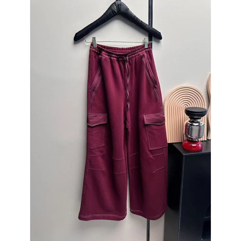 【酒红色轻绒阔腿卫裤】设计师款2024冬新品卫衣裤