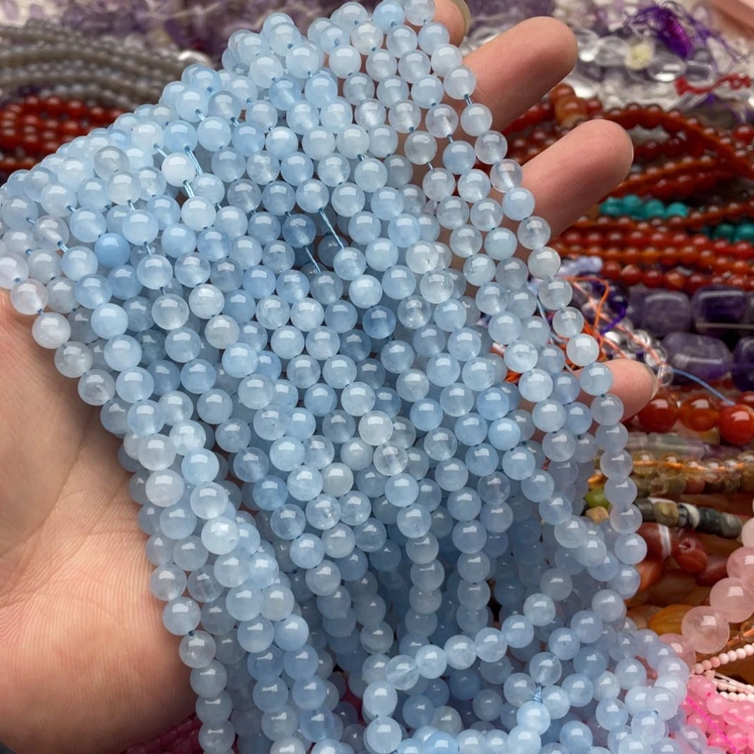 玛瑙/玉髓珠宝半成品未镶嵌一条装卡6mm海蓝宝圆珠