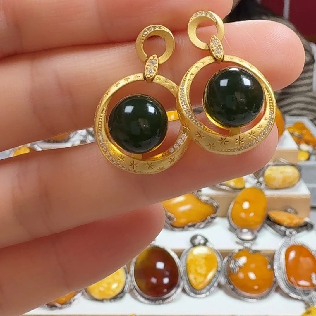 琥珀银S925镶嵌耳饰耳坠