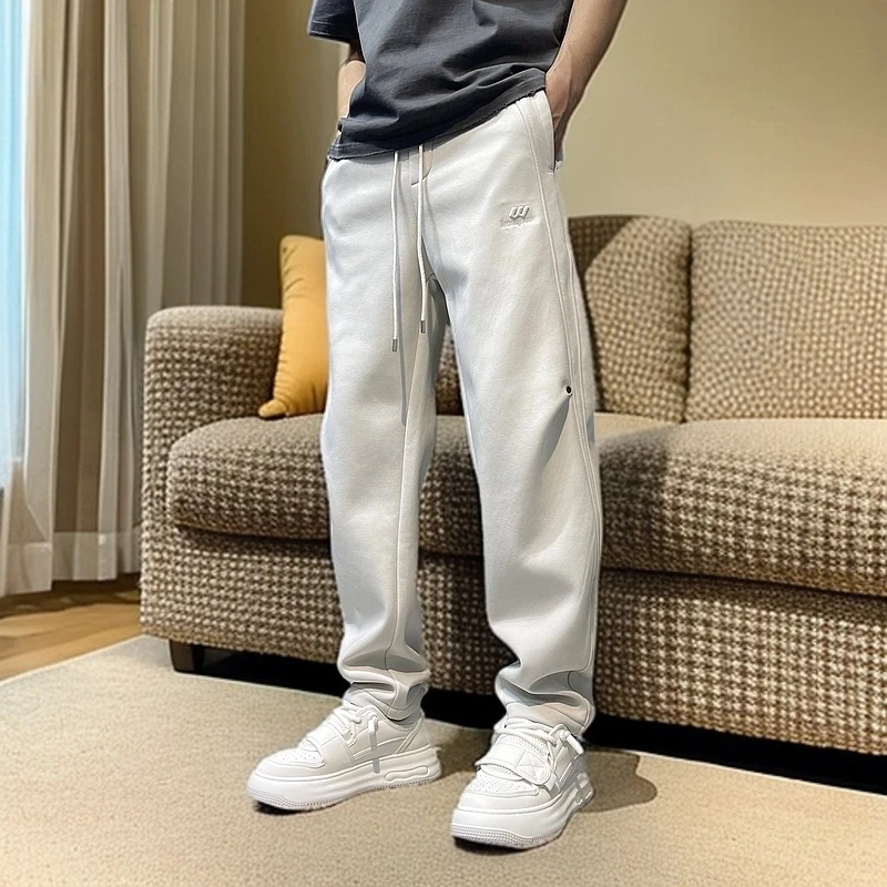 冬季新款男士加绒直筒裤纯色百搭美式潮流宽松直筒休闲裤高街长裤