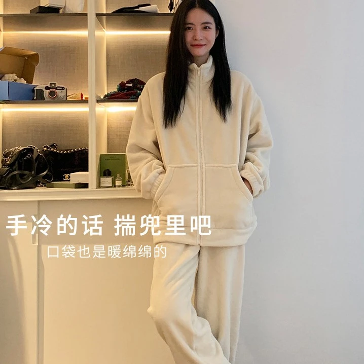 韩版情侣珊瑚绒睡衣女秋冬季加厚2025年新款保暖家居服男士套装