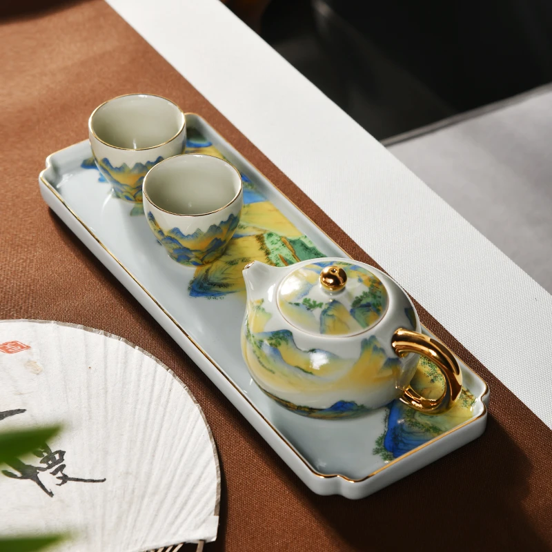 千里江山老岩泥一壶两杯陶瓷功夫茶具茶壶礼品茶杯西施壶干泡盘