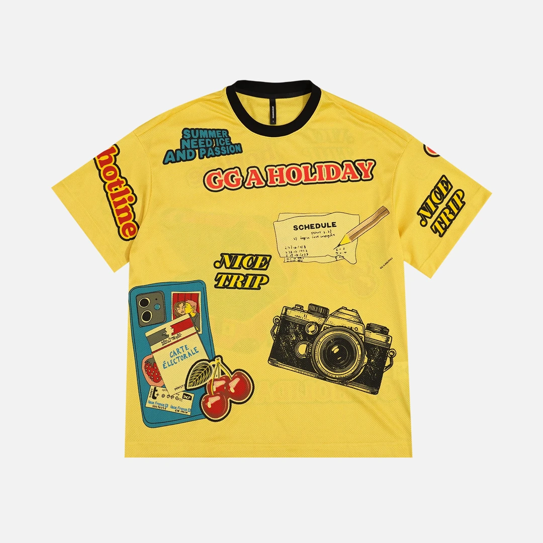 GGAHOLIDAY夏季时尚休闲潮流复古透气印花黄色半袖T恤上衣-152571
