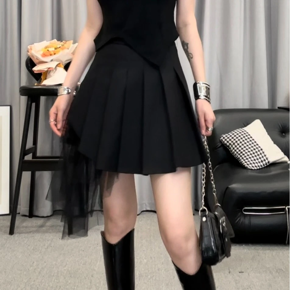 黑色网纱拼接百褶短裙女2025夏季新款高腰甜酷辣A字西装短裙女
