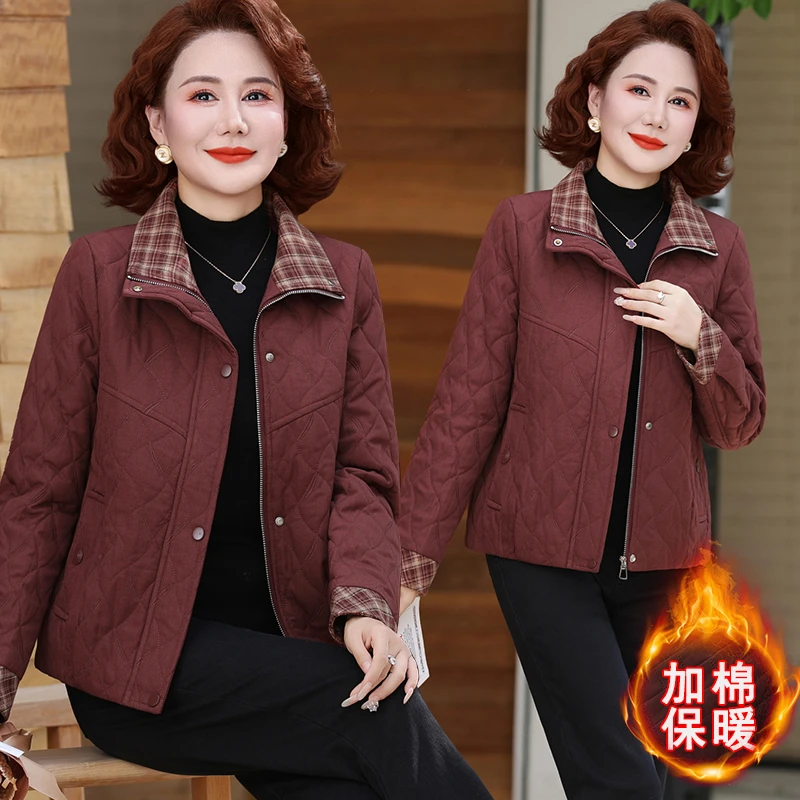 妈妈洋气翻领棉袄短款服中年女装秋冬装大码棉衣中老年外套