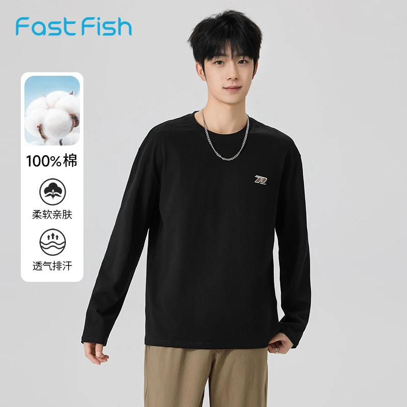 快鱼2025年春季新款美式圆领卫衣男士基础宽松百搭休闲长袖上衣