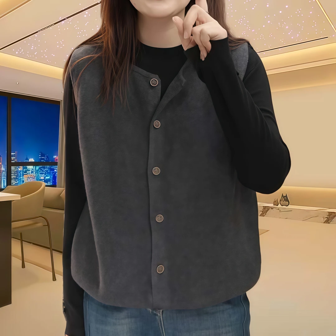 宽松气质圆领针织马甲女2025春季新款时尚单排扣小衫显瘦大码上衣