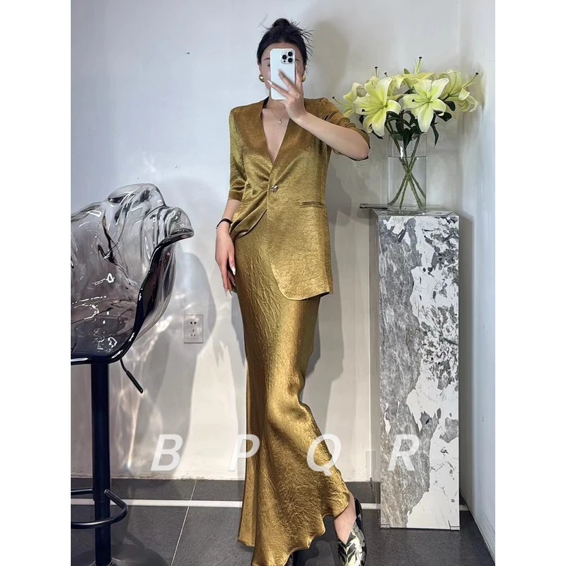 BPQR欧货春夏新款高端气质领醋酸职业西装套装裙女包臀半裙两件套