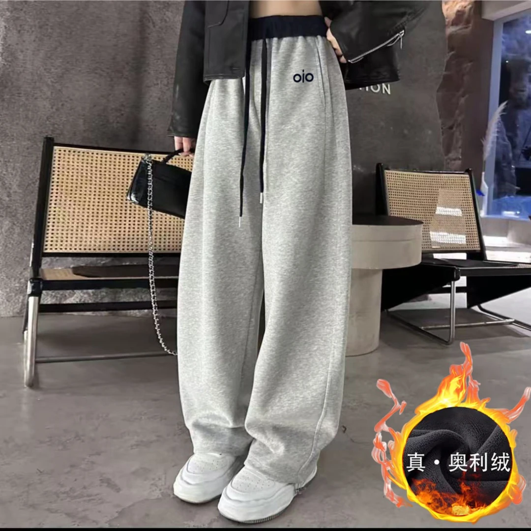 秋冬刺绣标运动卫裤女冬季加绒加厚设计感高腰宽松显瘦休闲阔腿裤