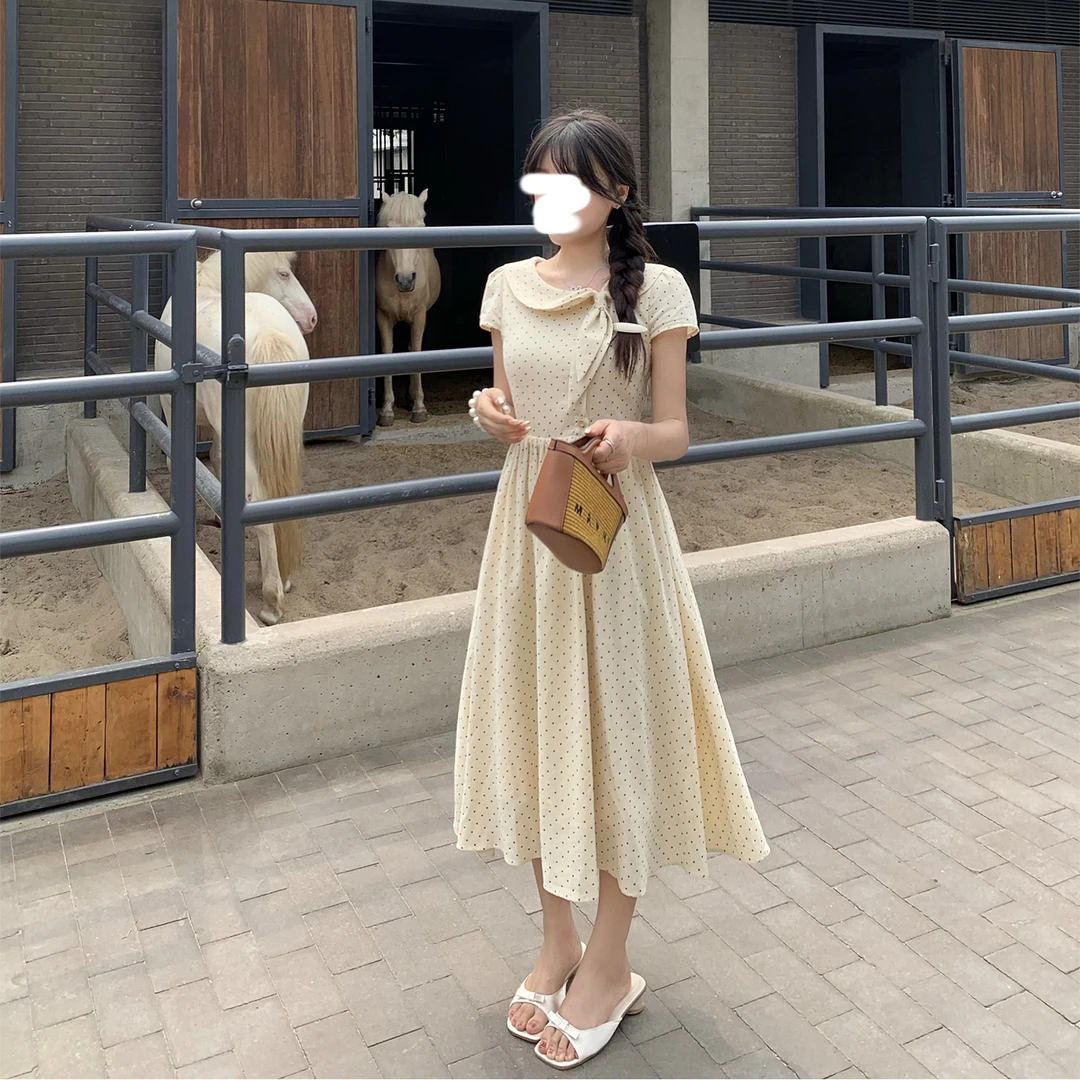 xijia 小个子短袖连衣裙女夏季巨好看显瘦波点a字收腰中长裙子